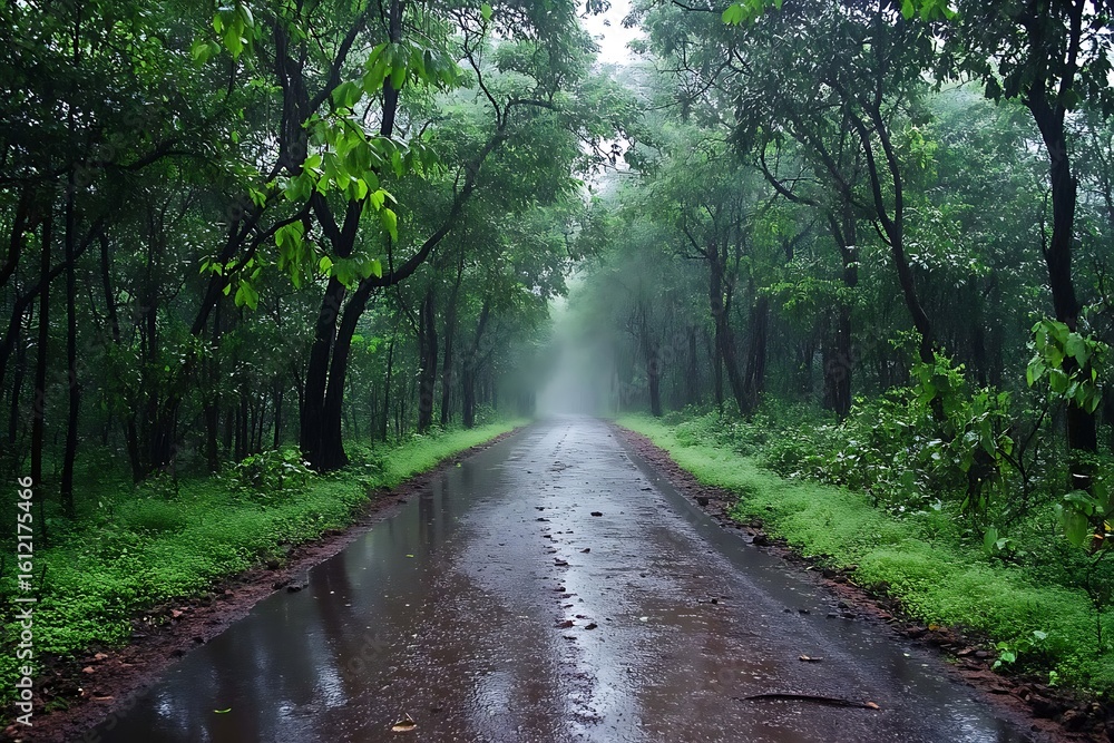 Fototapeta premium Serene forest road in a downpour, slick surface and muted green surroundings 