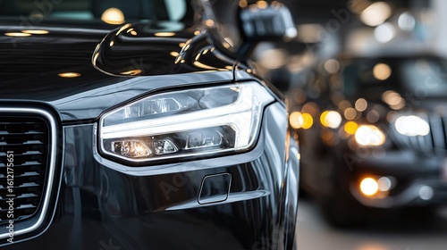 Fototapeta Naklejka Na Ścianę i Meble -  Sleek car detail. Modern vehicle design with sharp headlight. Dark paint reflects ambient light in a contemporary setting. Close-up front view.