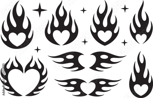 Black flame hearts and stars tribal designs vector