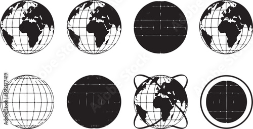 Black globes with continents and grid lines earth world