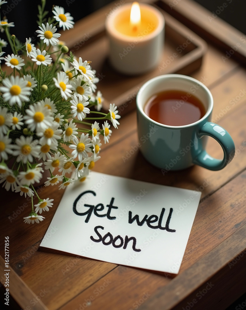 Naklejka premium Cup of care - cozy postcard Get well soon