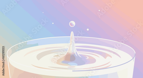 Milk drop splash in glass with soft gradient background, copy space
