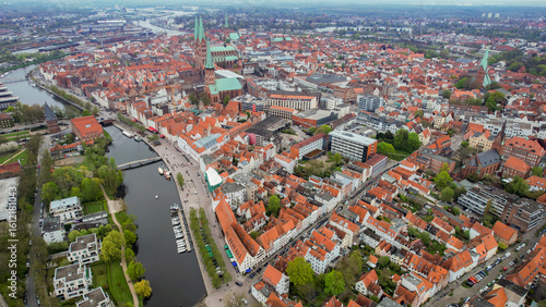 Aerial view around the city Lübeck in Germany on a sunny day in summer