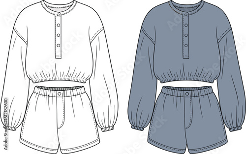 cad drawing flat vector illustration, henley crop top, elastic waist shorts, fashion flats, button front, casual set, technical sketch, summer wear