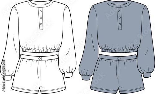 cad drawing flat vector illustration, crew neck top, high waist shorts, long sleeve, casual loungewear, fashion sketch, button placket, women's set