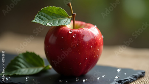 red apple with water drops