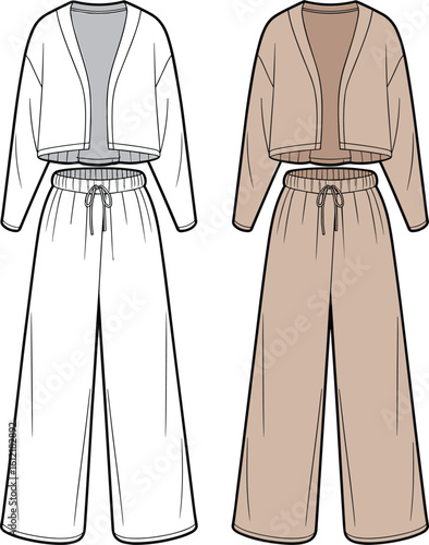 cad drawing flat vector illustration, loungewear set front view, cropped cardigan top, wide leg pants, fashion sketch, cozy casual wear, women
