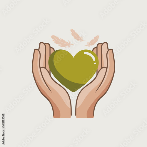 Gentle hands holding a green heart with floating feathers symbolize love care and protection well being and mental health awareness