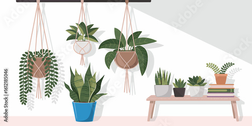 Indoor plants and macrame hangers create a cozy and inviting indoor scene evoking tranquility and natural beauty