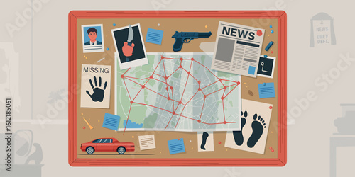 Detective Investigation Board with Crime Scene Clues and Evidence Analysis for Solving a Case