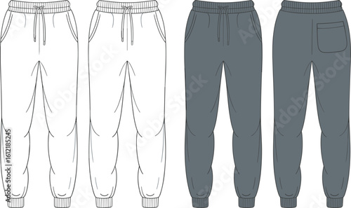 jogger pants vector front back, sweatpants technical sketch template, cad drawing flat vector illustration, unisex apparel design, fashion flats bottomwear style