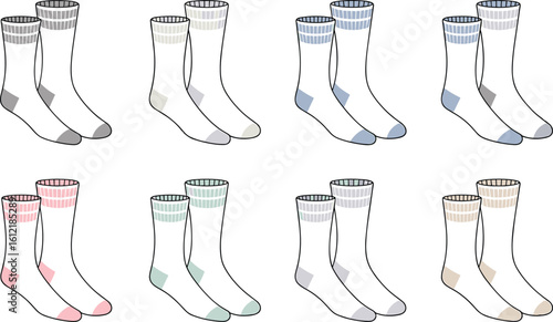 crew socks vector set, minimal striped sock design, cad drawing flat vector illustration, unisex fashion socks, technical hosiery template, footwear sketch layout