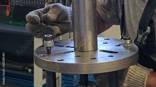 Mechanic tightening nuts on metal pipe flange