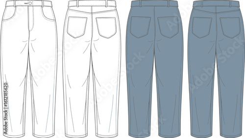 high waist women jeans, denim trousers front and back view, cad drawing flat vector illustration, fashion flats template, technical sketch