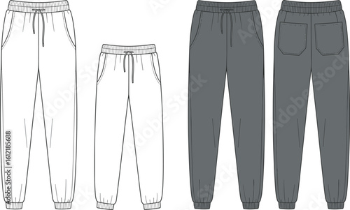 sweatpants jogger pants front back, technical fashion sketch template, cad drawing flat vector illustration, casual bottomwear, unisex design, drawstring pants style
