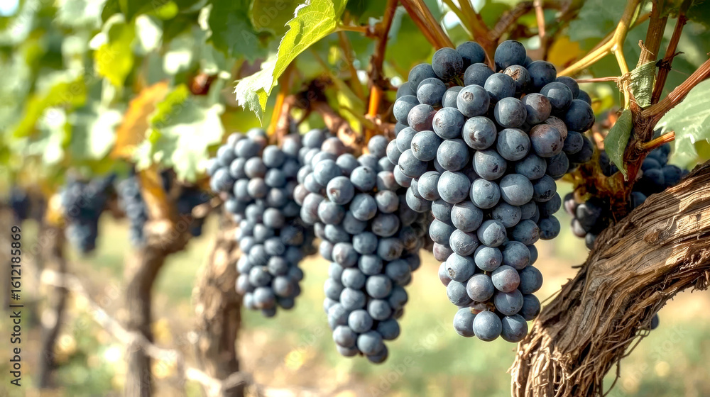 Red wine grapes on old vine. several large bunches of ripe, deep purple grapes hanging from a gnarled grapevine. The focus is sharp on the fruit, with green and yellow leaves visible Red wine grapes on old vine. several large bunches of ripe, deep purple grapes hanging from a gnarled grapevine. The focus is sharp on the fruit, with green and yellow leaves visible