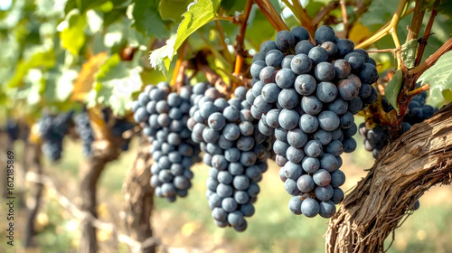 Wallpaper Mural Red wine grapes on old vine. several large bunches of ripe, deep purple grapes hanging from a gnarled grapevine. The focus is sharp on the fruit, with green and yellow leaves visible Torontodigital.ca