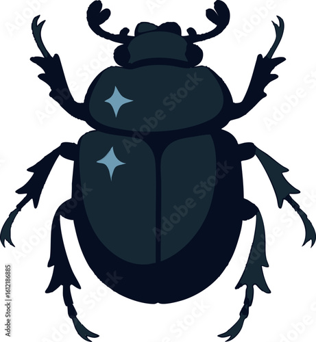 Flat vector scarab beetle with shining dark shell and symmetrical limbs, vector-friendly, isolated on white