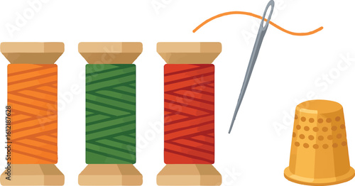 Flat vector set of colorful sewing threads on spools with needle and thimble, isolated on white