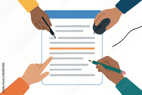 Flat vector shared document being edited by multiple hands, collaboration in action, isolated on white