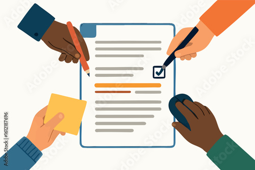 Flat vector shared document being edited by multiple hands, collaboration in action, isolated on white