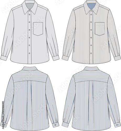 Mens striped shirt cad, button-up long sleeve vector, front and back view, fashion flats, classic shirt sketch, apparel design template