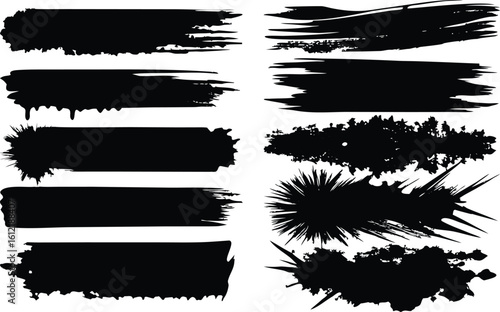 Grunge black paint splatter banner design set with textured ink brush strokes and artistic border elements