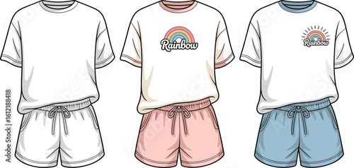 Cad drawing flat vector illustration, t-shirt and shorts set, rainbow print, casual outfit, summer clothes, fashion sketch, stylish loungewear, trendy apparel
