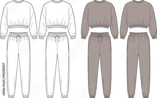 Women's cropped sweatshirt and joggers set vector template, front and back flat sketch, casual loungewear fashion design for apparel and clothing