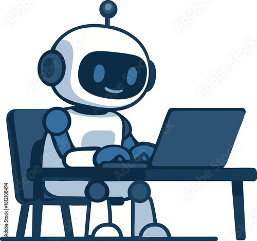 Flat vector smart robot sitting at desk using laptop, digital assistant metaphor, isolated on white