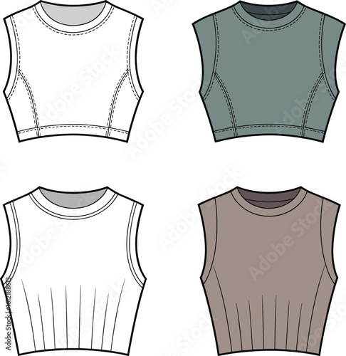 Cropped tank top vector – women’s fitted crop top with seam lines and crew neck, front and back flat sketch