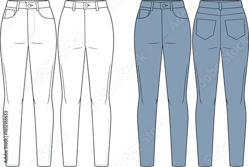 Skinny jeans vector template – women’s slim-fit denim pants with classic 5-pocket style, front and back fashion flat sketch