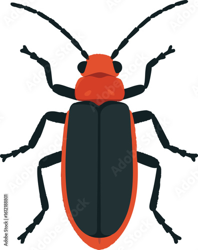Flat vector soldier beetle with bright red body and soft black wing covers, vector-friendly, isolated on white