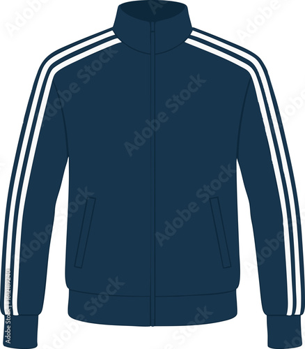 Flat vector sporty tracksuit top with stripes on sleeves, athletic look, isolated on white