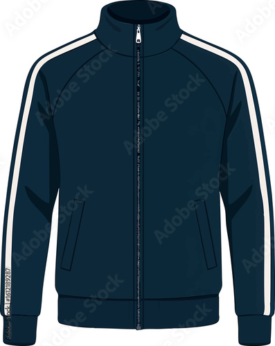 Flat vector sporty tracksuit top with stripes on sleeves, athletic look, isolated on white