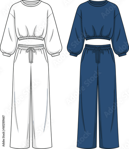 Women's loungewear set vector template with cropped sweatshirt and wide-leg sweatpants fashion flat sketch front view