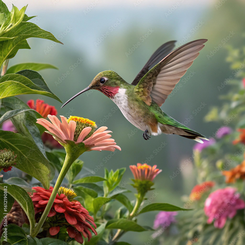 Fototapeta premium Hummingbird hovering near flowers in a garden