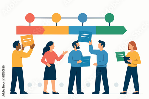 Flat vector timeline project with team members adding tasks, collaborative planning, isolated on white