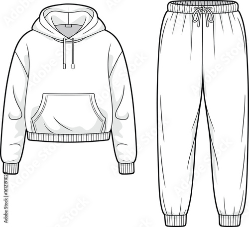 cad fashion drawing, hoodie and sweatpants, jogger pants front view, cozy loungewear set, vector illustration, casual wear template, fashion flats