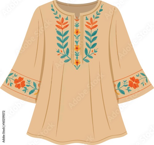 Flat vector tunic blouse with wide sleeves and embroidery detail, boho style, isolated on white
