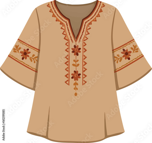 Flat vector tunic blouse with wide sleeves and embroidery detail, boho style, isolated on white