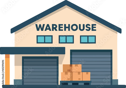 Flat vector warehouse building with loading dock and roller doors, isolated on white