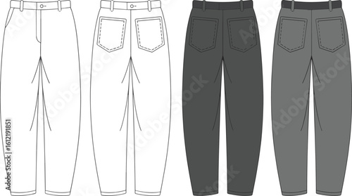 cad drawing flat vector illustration, tapered trousers, women’s pants back view, fashion flat sketch, technical drawing, baggy pants, high waist pants