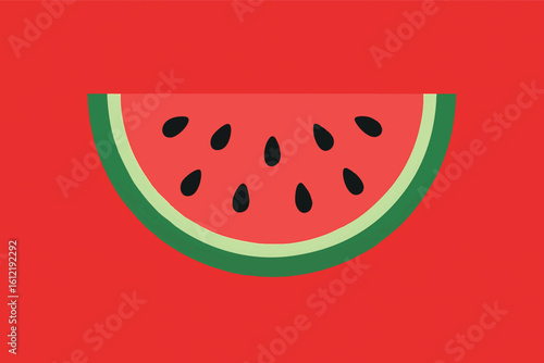 Flat vector watermelon slice with seeds, flat red and green contrast