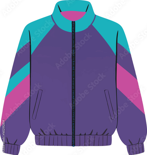Flat vector windbreaker jacket with zipper and color blocks, 90s retro style, isolated on white