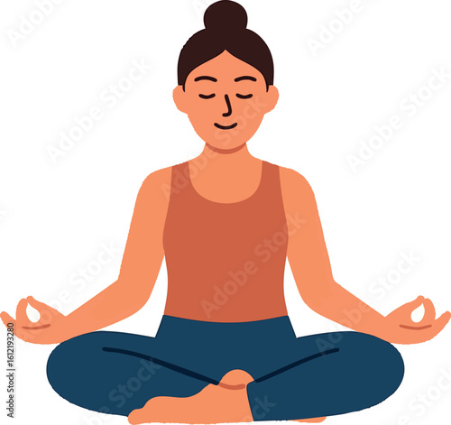 Flat vector woman in yoga pose with peaceful face and bun hairstyle, isolated on white