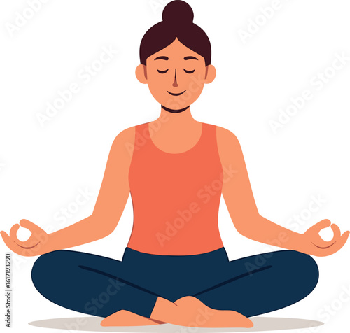 Flat vector woman in yoga pose with peaceful face and bun hairstyle, isolated on white