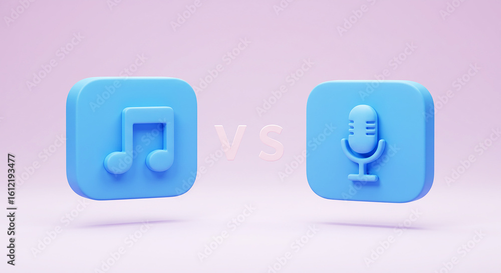Music Note vs. Microphone Icon. 3D Render Illustrates Audio, Sound, Voice, Podcast, and Recording Concepts. Ideal for Content Creation, Digital Media, and Entertainment Debates Music Note vs. Microphone Icon. 3D Render Illustrates Audio, Sound, Voice, Podcast, and Recording Concepts. Ideal for Content Creation, Digital Media, and Entertainment Debates