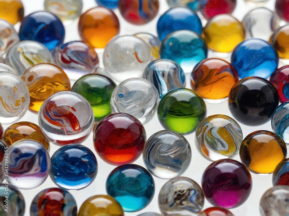 Crystal Clear Glass Marbles With Multi-Colored Swirls on White Surface Crystal Clear Glass Marbles With Multi-Colored Swirls on White Surface