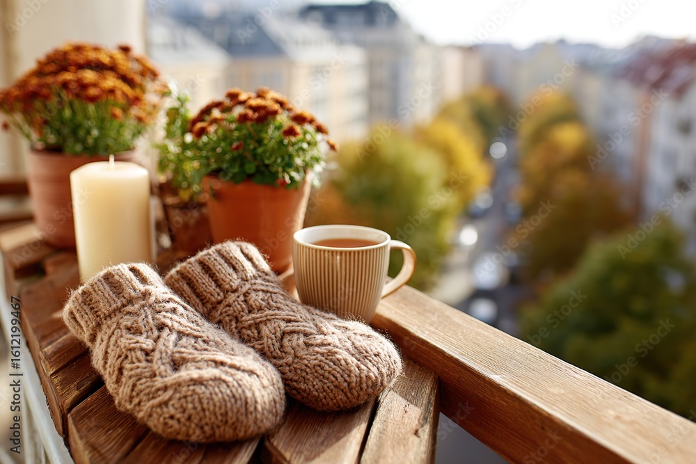 Fototapeta premium Cozy urban balcony adorned with candles, a warm drink, and footwear, perfect for relaxation